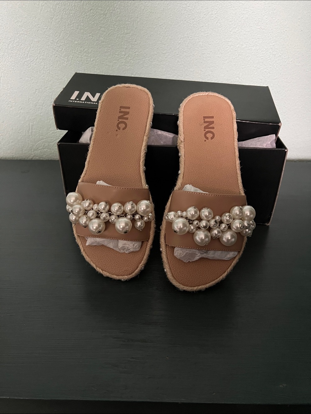 INC International Concepts Tan Pearl-Accented Slide Mules
